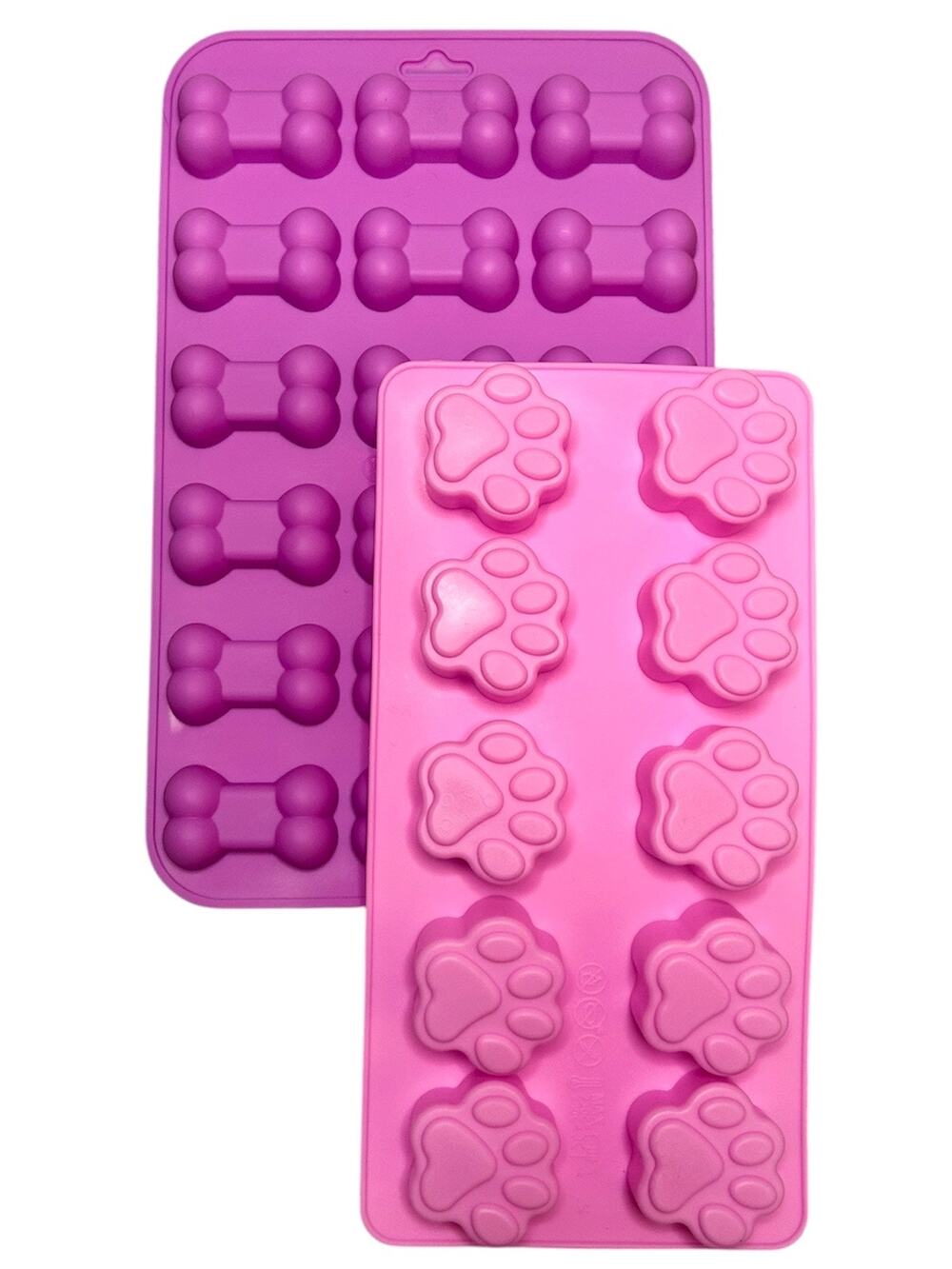 Silicone Dog Treat Molds Bone Paw Shape Baking Tray Pinks 2-pk